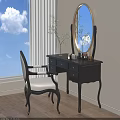 Elegant Black Dressing Table By Window With Round Mirror Accent Chair And Decorative Items