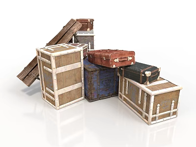 Vintage Assorted Suitcases And Storage Trunks Stacked With Wooden Leather Crates 3d model