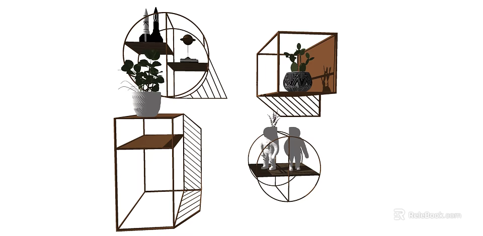 Modern Geometric Wall Cabinets With Decorative Plants And Open Shelves Design 3d model 