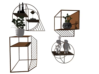 Modern Geometric Wall Cabinets With Decorative Plants And Open Shelves Design 3d model