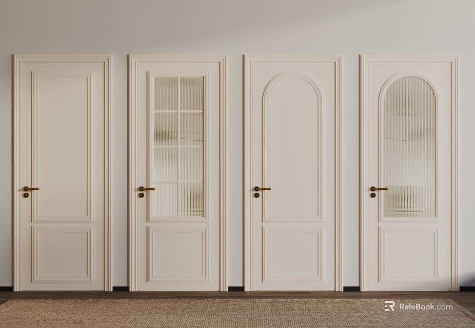 White Swing Doors With Various Designs Glass Panels And Golden Handles 3d model 