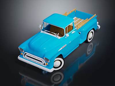 Vintage Blue Pickup Truck With Wooden Bed Rails White Wheels And Chrome Accents 3d model