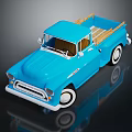 Vintage Blue Pickup Truck With Wooden Bed Rails White Wheels And Chrome Accents