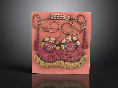 Pair Of Decorative Tassel Ornaments With Embroidered Design On Pink Display Board 3d model