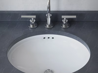 Modern White Oval Shaped Washbasin With Chrome Faucet And Dark Countertop 3d model