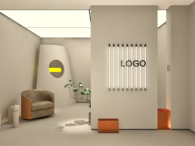 Modern Minimalist Shop Front Desk With Logo Lighting Armchair Plants And Neutral Beige Orange Tones 3d model