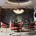 Elegant Restaurant Interior With Red Chairs Gold Legs Round Table Stone Wall And Chandelier
