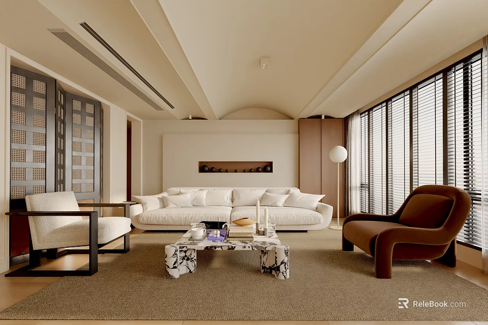 Modern Living Room Interior With White Sofa Brown Armchair And Marble Coffee Table 3d model 