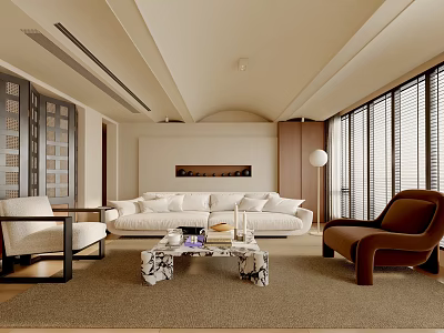 Modern Living Room Interior With White Sofa Brown Armchair And Marble Coffee Table 3d model
