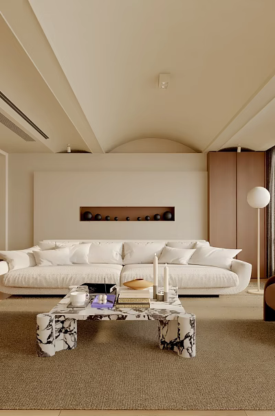 Modern Living Room Interior With White Sofa Brown Armchair And Marble Coffee Table 3d model