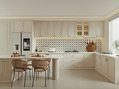 Modern Restaurant Kitchen Interior With White Cabinets Island Counter Dining Chairs And Patterned Tile Backsplash 3d model