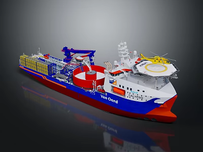 Blue Red White Multipurpose Offshore Vessel With Yellow Containers Crane And Helicopter Pad 3d model