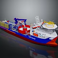 Blue Red White Multipurpose Offshore Vessel With Yellow Containers Crane And Helicopter Pad