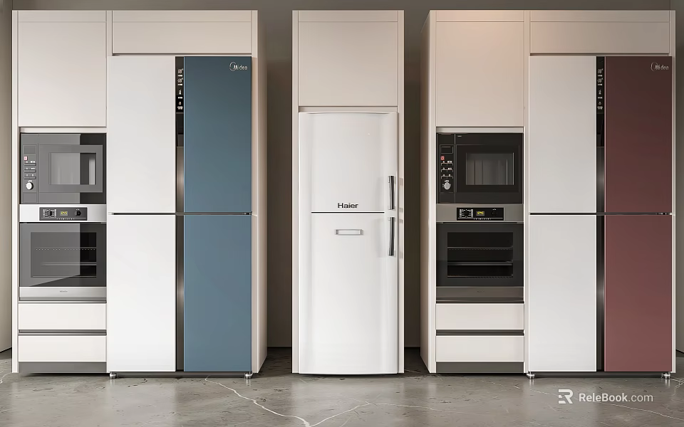 Modern Kitchen Appliances Display With Different Colored Refrigerators Microwave And Oven 3d model 