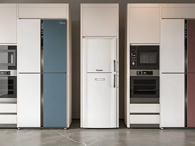 Modern Kitchen Appliances Display With Different Colored Refrigerators Microwave And Oven 3d model