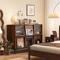 Modern Walnut Wood Console Cabinet With Books Cups Lamp And Vinyl Records In Bedroom