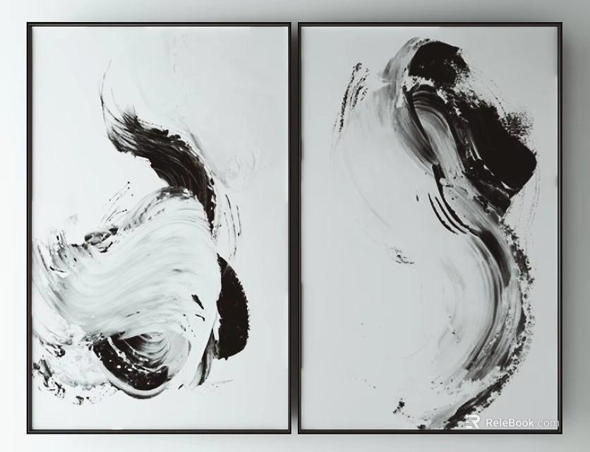 Two Panel Black And White Abstract Paintings For Modern Home Decor 3d model 