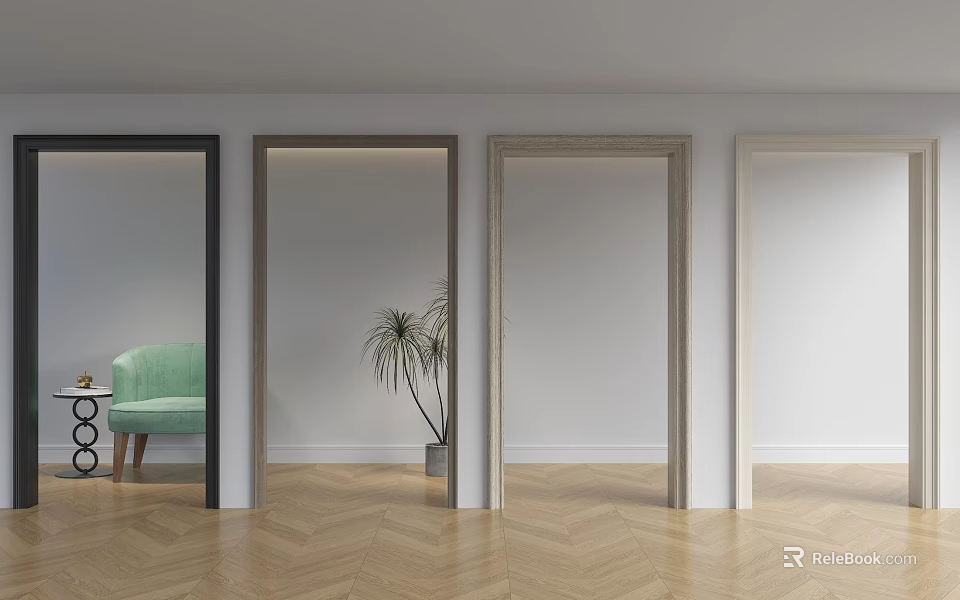 Sleek Door Frame Lines In Modern Interior With Herringbone Wood Floor And Light Walls 3d model 