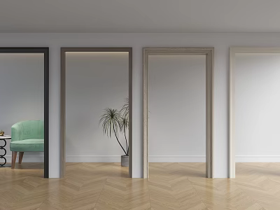 Sleek Door Frame Lines In Modern Interior With Herringbone Wood Floor And Light Walls 3d model