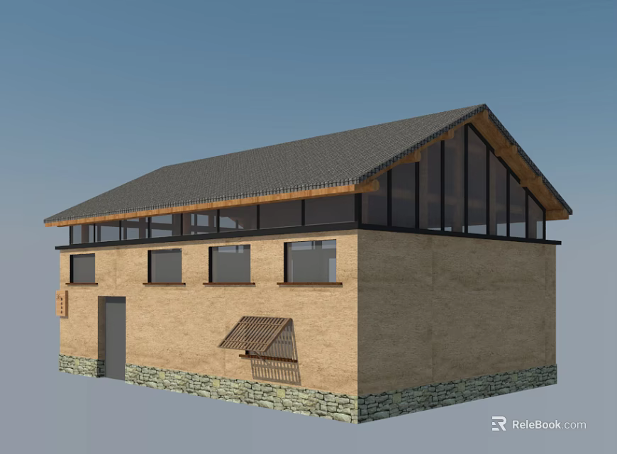 Rustic Country House Exterior With Brick Walls Stone Base Dark Sloped Roof And Glass Windows 3d model 