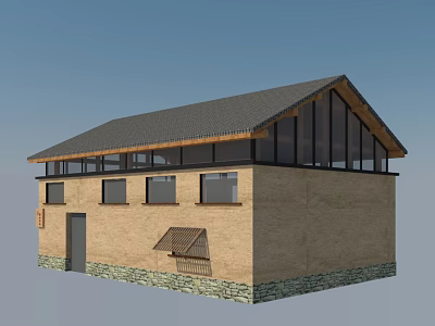 Rustic Country House Exterior With Brick Walls Stone Base Dark Sloped Roof And Glass Windows 3d model