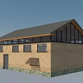 Rustic Country House Exterior With Brick Walls Stone Base Dark Sloped Roof And Glass Windows