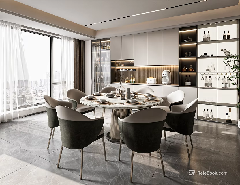 Elegant Modern Restaurant Interior With Round Table Gray Chairs And City View Windows 3d model