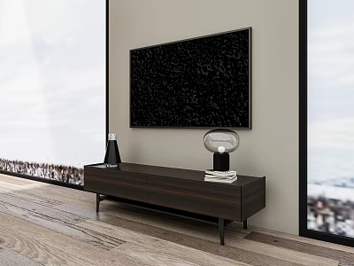 Dark Wooden TV Stand With Wall Mounted TV And Modern Minimalist Design In Bright Interior 3d model