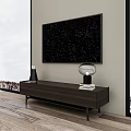 Dark Wooden TV Stand With Wall Mounted TV And Modern Minimalist Design In Bright Interior