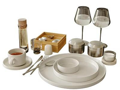 Stylish Tableware Set Including White Plates Tray Mugs Utensils Wine Glasses And Jars 3d model