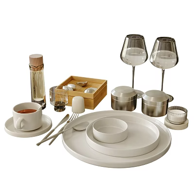 Stylish Tableware Set Including White Plates Tray Mugs Utensils Wine Glasses And Jars 3d model