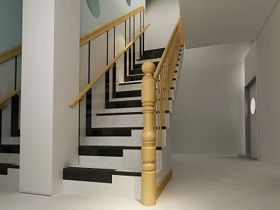 Modern Staircase With Wooden Handrail And Black White Steps In Bright Space 3d model