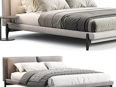 Modern Upholstered Double Bed With Gray White Bedding Pillows And Bedside Table 3d model