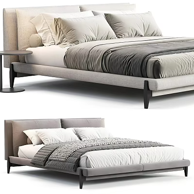 Modern Upholstered Double Bed With Gray White Bedding Pillows And Bedside Table 3d model