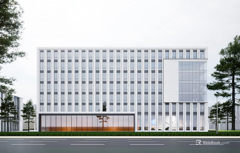 Modern Industrial Factory Building With Large Glass Windows Multi Story Structure And White Exterior 3d model 