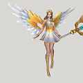 Game Movie Character With Golden White Wings And Blue Gem Staff In White Gold Outfit