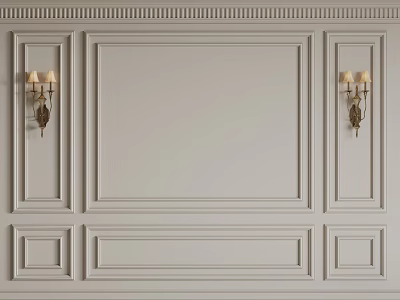 Classic Gray Paneled Wall With Intricate Decorative Lines And Brass Sconces 3d model