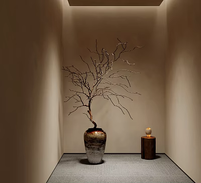 Modern Bonsai Potted Plant with Slender Branches in Ceramic Pot Interior Corner Decoration 3d model
