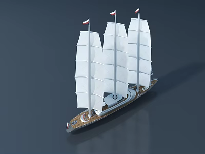 Elegant Sailing Ship With Three White Sails Flags On Masts And Smooth Hull 3d model