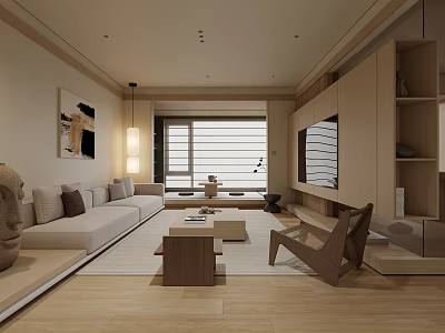 Minimalist Living Dining Room with Beige Sofa Wooden Coffee Table and Floor to Ceiling Window 3d model