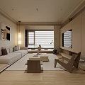 Minimalist Living Dining Room with Beige Sofa Wooden Coffee Table and Floor to Ceiling Window