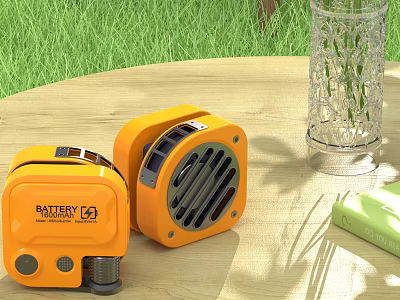 Orange Portable Battery Powered Speakers On Outdoor Wooden Table With Grass Background 3d model