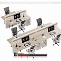 Modern Partitioned Office Desks With Ergonomic Chairs Computers Digital Clock And Storage Cabinets 3d model