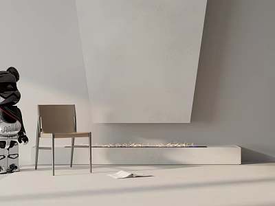 Modern Minimalist Fireplace With Concrete Design And Wooden Chair In Living Room Interior 3d model