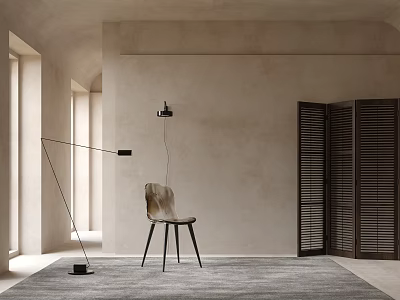 Stylish Dining Chair in Modern Room with Floor Lamp Shutter Doors and Gray Carpet 3d model