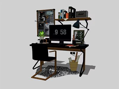 Home Office Desk Setup With Computer Monitor Desk Lamp Books Plant And Black Chair 3d model