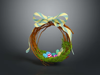 Bird Woven Nest With Blue And Yellow Striped Bow And Colorful Easter Eggs 3d model