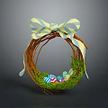 Bird Woven Nest With Blue And Yellow Striped Bow And Colorful Easter Eggs