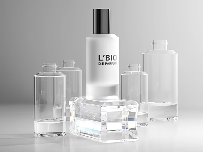 Elegant White Perfume Bottle With Crystal Base And Surrounding Transparent Bottles 3d model