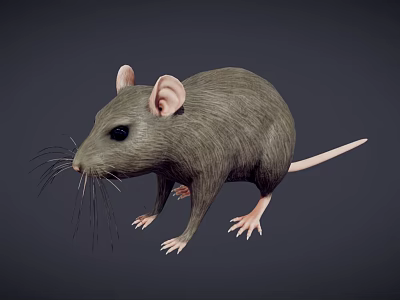 Realistic 3D Gray Rat Model With Pink Ears Long Whiskers And Pink Tail 3d model
